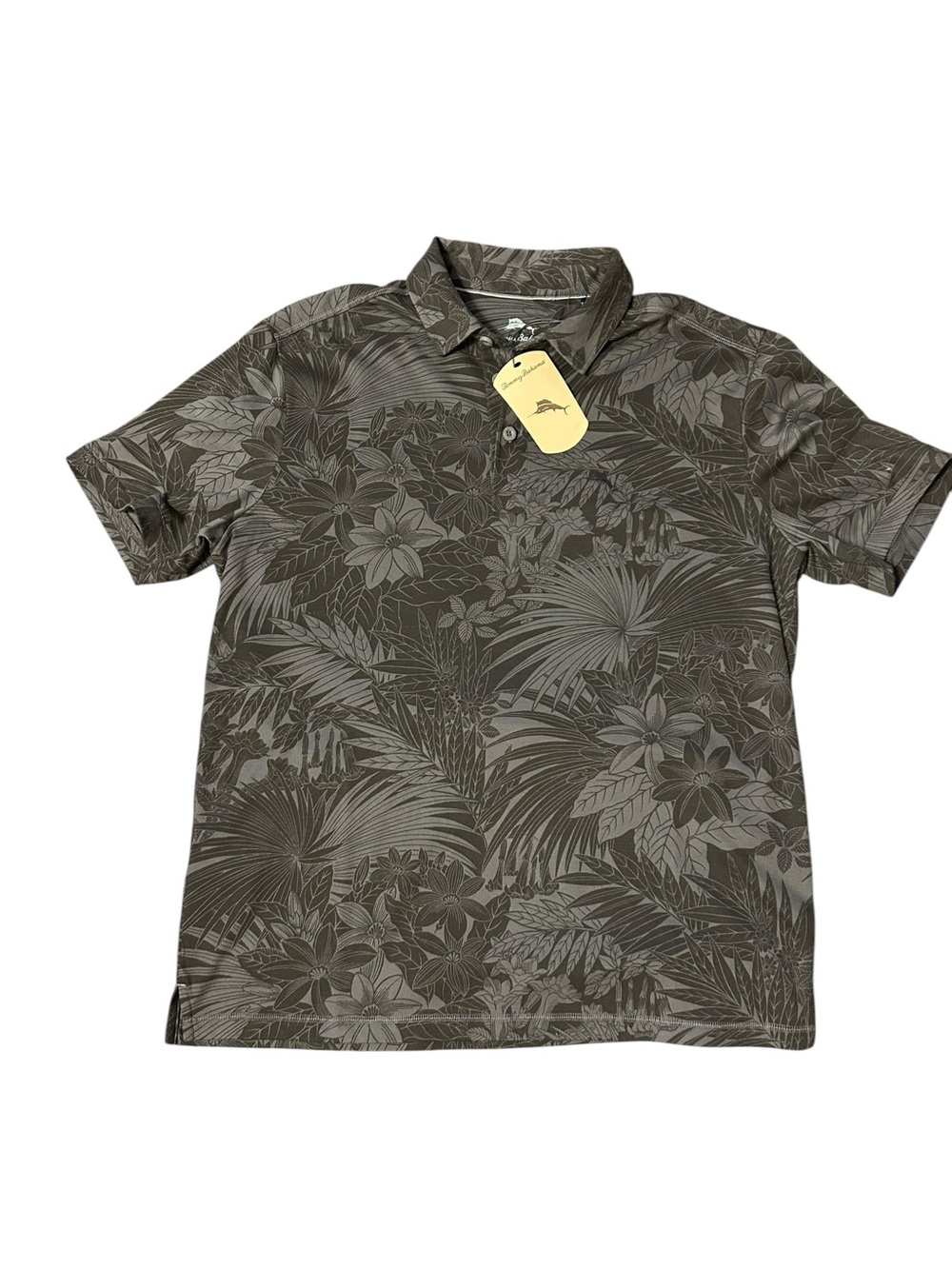 Tommy Bahama Men Medium Grey Coal Tropical Floral Palm Print Polo Shirt NWT